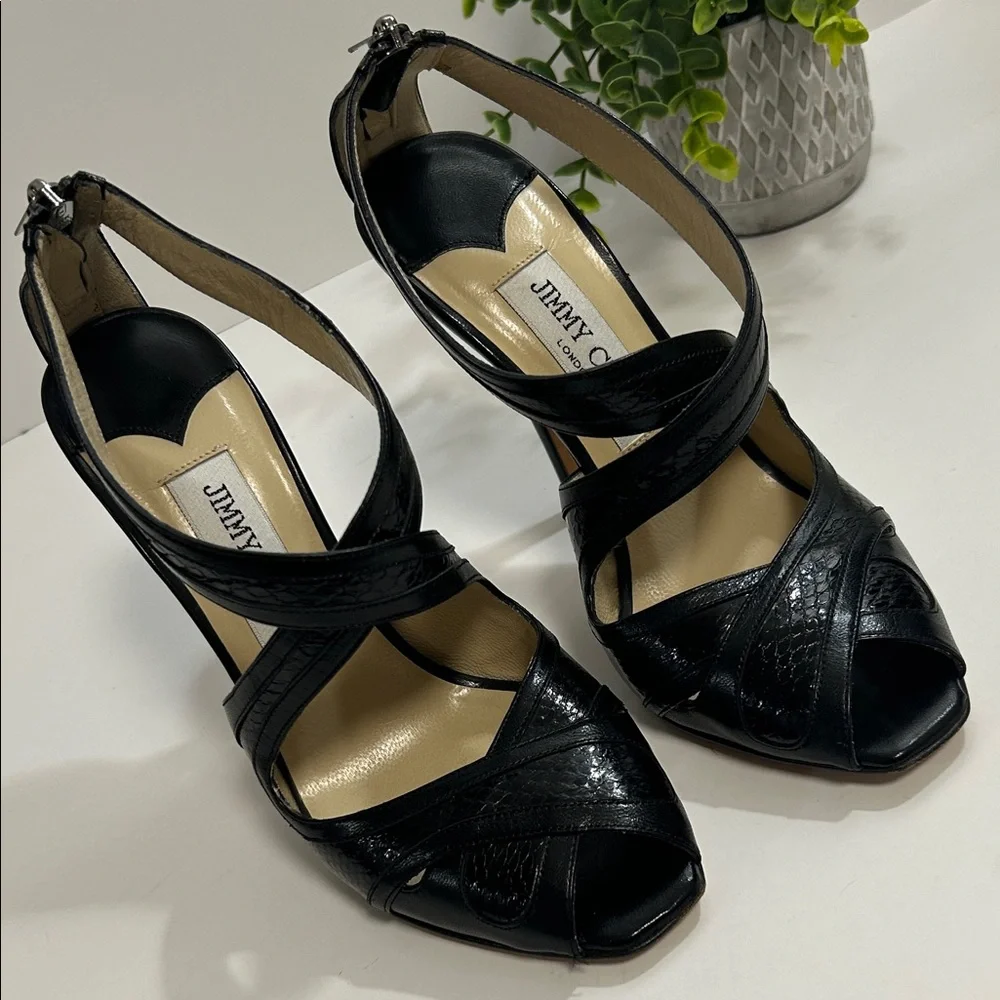 Jimmy Choo Black Patent Leather Strappy Peep-Toe Heels